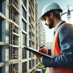 DALL·E 2024-06-19 15.53.26 – A realistic image of a building inspection conducted by an engineer. The engineer, wearing a hard hat and safety vest, is examining the exterior of a DALL·E 2024-06-19 15.53.26 - A realistic image of a building inspection conducted by an engineer. The engineer, wearing a hard hat and safety vest, is examining the exterior of a